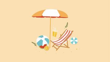 Clean beach towel, umbrella, and summer beach ball illustration with warm color palette video