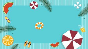 Poolside scene with floating rings, drinks and fruits in flat animated design video
