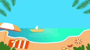 Animated tropical beach with umbrella, towels, sailboat, and calm summer ocean view video