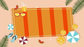 Towel on sand with fruits and glasses, top view summer beach animation video