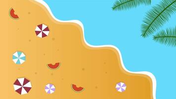 Animated beach view with colorful umbrellas and footprints on golden sand shore video