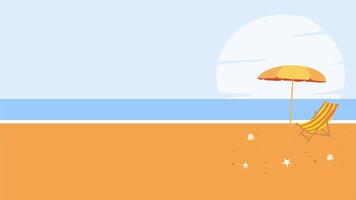 Sunset beach animation with umbrella and chair facing calm ocean and pastel sky video