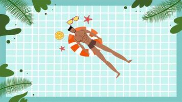 Woman floating in swimming pool with leaves and summer accessories video