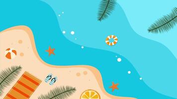 Aerial view of beach coastline with palm leaves and orange slice summer animation video