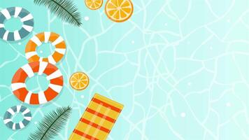 Pool with float rings, towel and scattered fruit slices in fun summer animation video