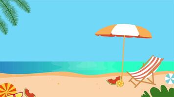 Seaside with umbrella, shoes, and calm ocean view in relaxing summer layout video