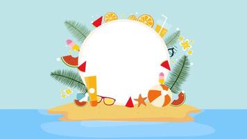 Beach scene with white circle frame and scattered tropical elements animation video