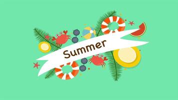 Summer banner with leaves and beach items on soft green background video