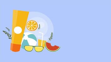 Summer drinks and sunscreen with blue background and floating fruit visuals video