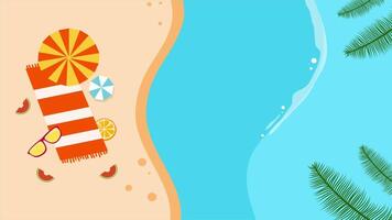 Top view of beach towel, umbrella, and sea shore in relaxing summer animation video