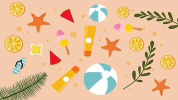Fun beach summer animation with toys, fruit slices, and playful starfish arrangement video