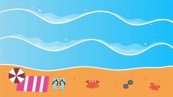 Animated beach with gentle waves, cute crabs, and summer beach items video