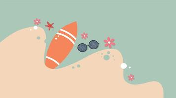 Sandy shoreline with a large shell and scattered flowers in animation video