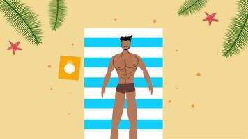 Man standing in front of beach hut on sunny tropical seashore scene video
