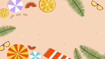 Sandy beach with towel, fruits, and palm shadows in relaxing summer mood video