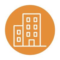 Simplified building icon within orange circle. Icon symbol illustration vector