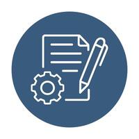 Blue badge features document creation process. Icon symbol illustration vector