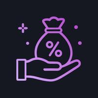 Discounted money bag resting on palm. Icon symbol illustration vector