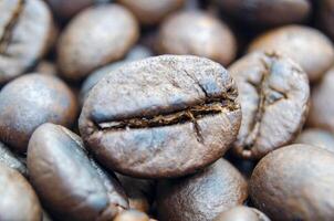 Micro photography of roasted coffee beans with customizable space for text. photo