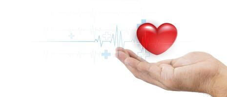 A hand gently holding red heart, symbolizing care and love, with a medical heartbeat line in the background and symbolizing health and love. Showing the connection between love and healthcare. photo