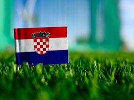 Small Croatian flag positioned in bright green natural grass field setting photo