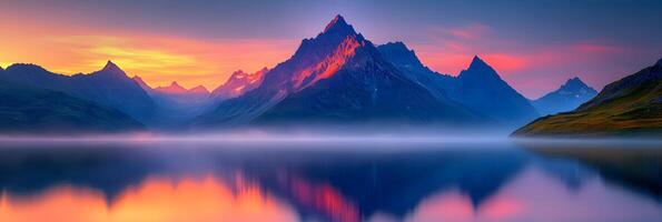Serene mountain range reflecting in a calm lake during a colorful sunset with a misty atmosphere photo