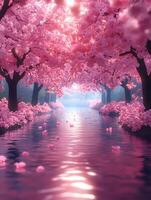 Pink cherry blossom trees over water with petals floating creating a serene and dreamy landscape photo