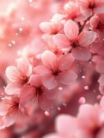 A close up of pink cherry blossoms on a branch with falling petals and a blurred pink background photo