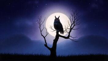 Owl on a tree at night with full moon photo