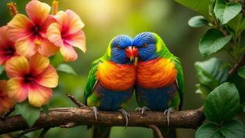 Two colorful birds sitting on a branch with flowers photo
