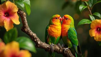 Pair of colorful tropical birds perched together on a branch with flowers photo