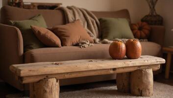 A brown couch with pillows and two pumpkins on it photo