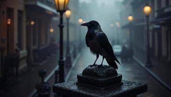 A crow sits on a stone post in a foggy city street photo