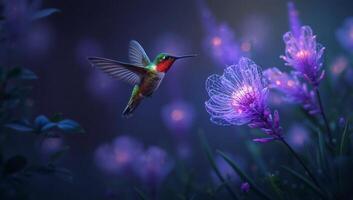 A hummingbird flying over purple flowers photo