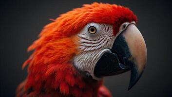 A close up of a red parrot with a black background photo