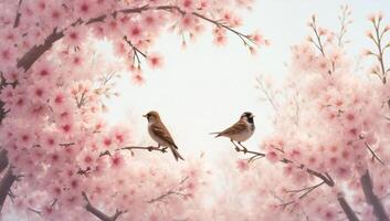 Two birds sitting on a branch with pink flowers photo