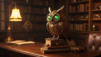 An owl statue sits on top of a book photo