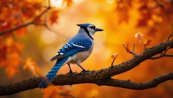 A blue jay bird is perched on a branch in front of autumn leaves photo