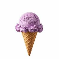 Lavender ice cream scoop on a waffle cone, isolated on white background. photo
