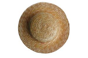 A straw hat, with a red ribbon tied around it. The hat is sitting on a white background photo