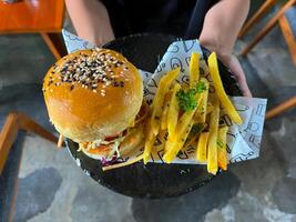 A person is holding,,, a plate with a burger and fries photo