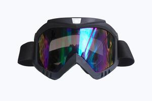A goggles with a purple tint. The goggles are black and have a strap that goes around the head photo