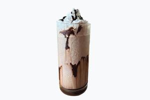 A glass of chocolate drink with whipped cream on top, isolated on white background photo
