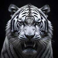 Black and white photograph of a majestic white tiger roaring in extreme close up, with a dark velvety black background isolating the subject photo