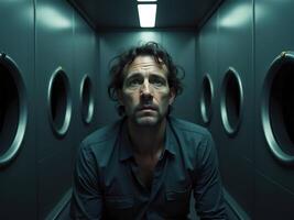 Man Trapped Inside a Metal Cube with Breathing Holes Conceptual Isolation photo