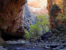 a river runs through a canyon in the middle of a rocky landscape photo