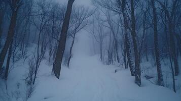 A snowy forest with trees and snow photo