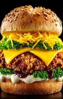 Tasty stacked chicken sandwich. A savory chicken sandwich features layers of crispy chicken, cheese, lettuce, and sauce in a soft sesame bun. photo