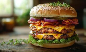 Triple bacon cheeseburger. A tasty triple cheeseburger with beef, bacon, melted cheese, lettuce, and onions in a bun. photo