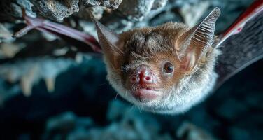 Close encounter with a bat in a cave. A bat hangs upside down in a cave, showcasing its unique features and fur texture in the dim light of its habitat. photo